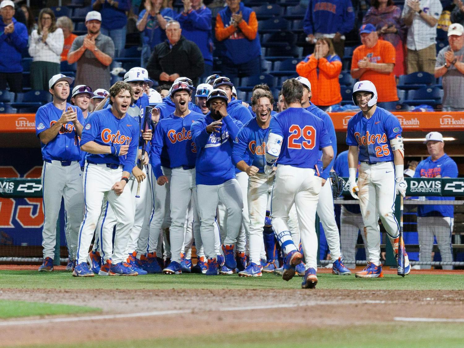 The Florida baseball team celebrates catcher Cole Stanford's (29) homerun during an NCAA college baseball game against Stetson, Wednesday, Feb. 18, 2026, in Gainesville, Fla.