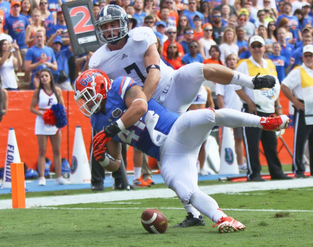 <p>Hunter Joyer (41) drops a pass in the end zone during Florida’s 26-20 loss to Georgia Southern on Saturday in Ben Hill Griffin Stadium. The Gators are 4-7 this season.</p>