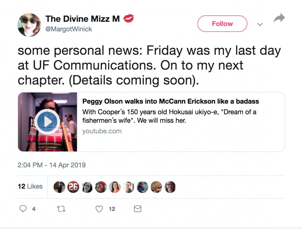 UF spokesperson Margot Winick tweets that she is no longer working at the university.&nbsp;