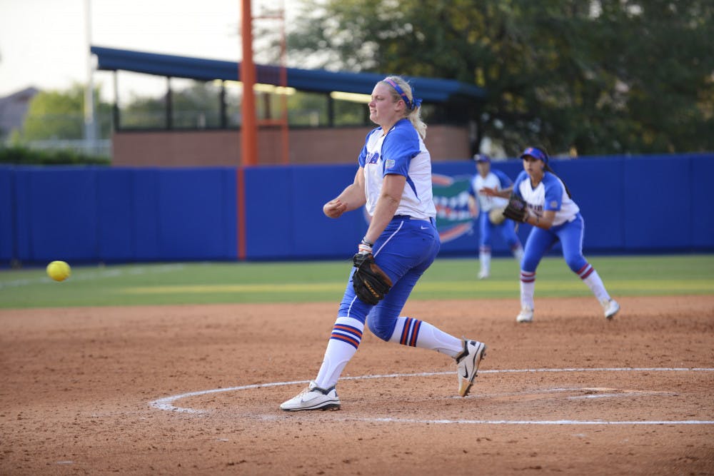 Sophomore right-hander Alyssa Bache throws a pitch during UF’s 7-1 win against Hampton at Katie Seashole Pressly Stadium on Friday. Bache allowed only two hits in her first start since April 17.