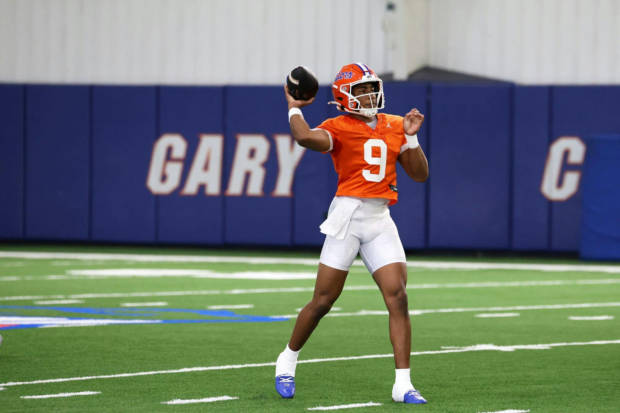 Florida quarterback Tramell Jones Jr. (9) looks to throw the ball during spring camp at the Heavener Football Training Center in Gainesville, Fla., on Tuesday, March 3, 2026.