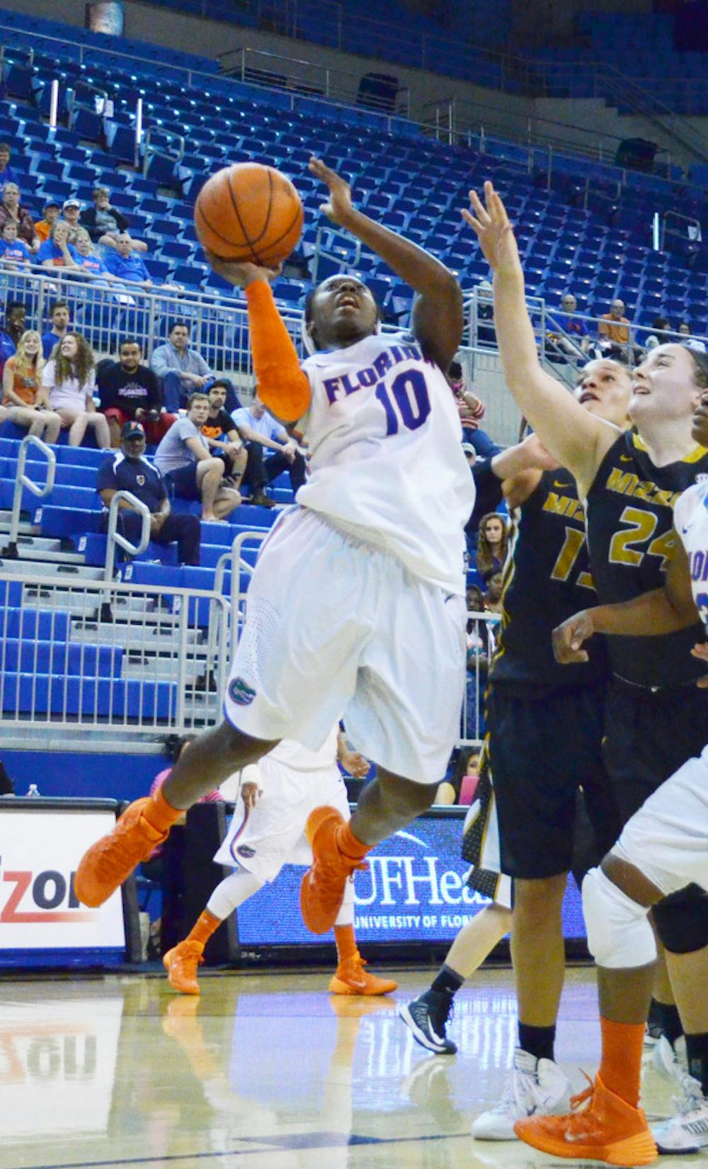 <p>Jaterra Bonds attempts a shot during Florida’s 81-76 loss against Missouri on Thursday in the O’Connell Center.</p>