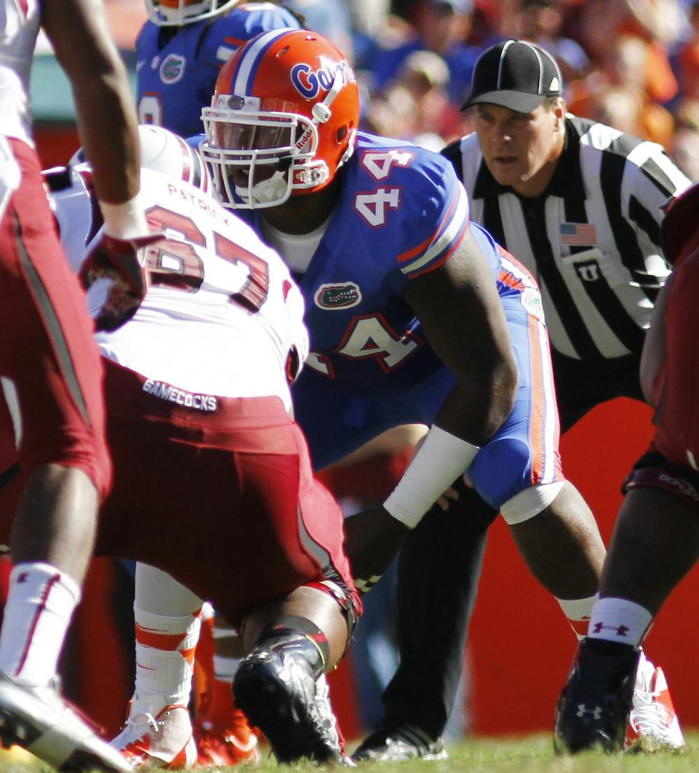 <p>Leon Orr gets into his stance during UF’s 44-11 win against South Carolina on Oct. 20, 2012, in The Swamp.</p>
