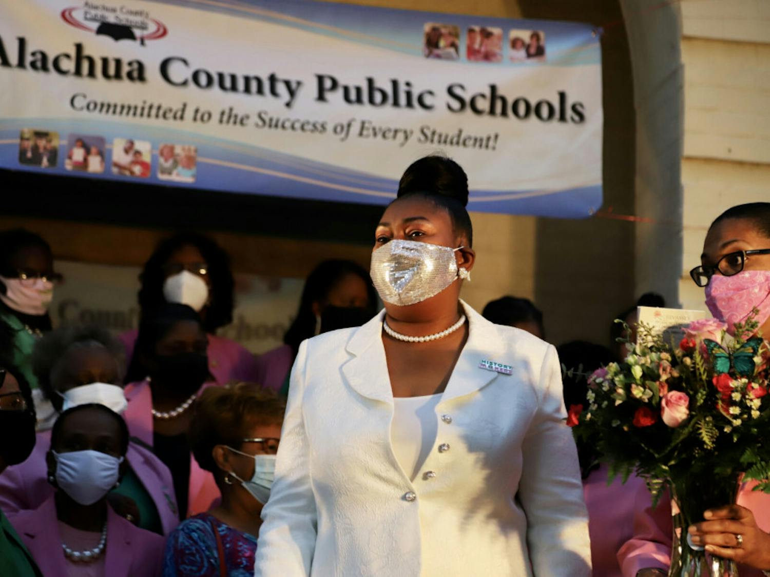 Diyonne McGraw, an elected member of the Alachua County School Board, representing district two, is surrounded by her fellow Alpha Kappa Alpha sorority members after being sworn in at the District Office on Nov. 17, 2020. This is the first time the school board’s had three Black women as members.