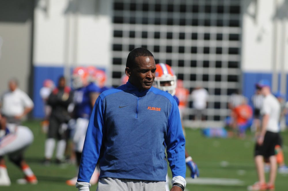 <p>Florida linebackers coach Randy Shannon watches a drill during a Spring practice on March 16, 2016, at the Sanders Practice Fields. </p>