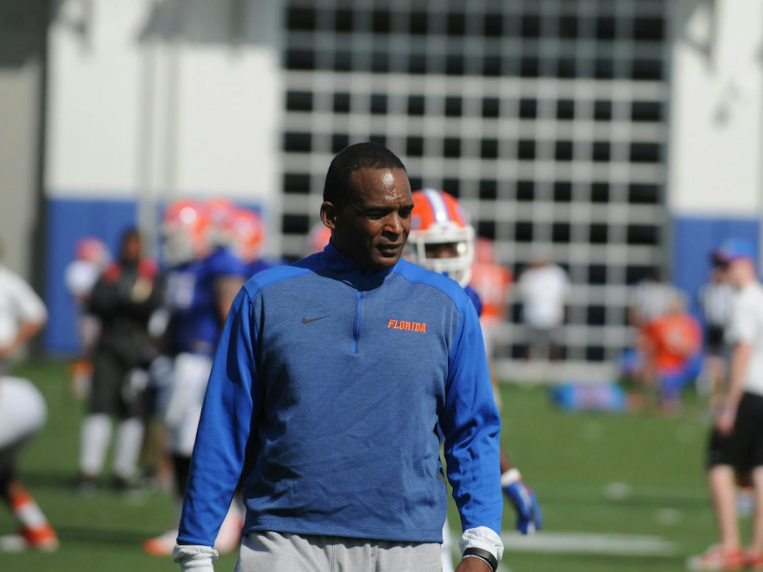 Florida linebackers coach Randy Shannon watches a drill during a Spring practice on March 16, 2016, at the Sanders Practice Fields.