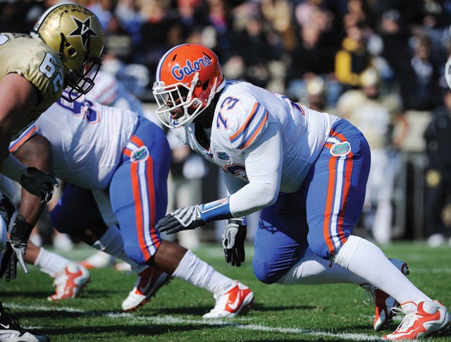 Sophomore defensive lineman Sharrif Floyd (73), who played in all 13 games as a freshman, was suspended for two games Thursday by the NCAA for receiving impermissible benefits.&nbsp;