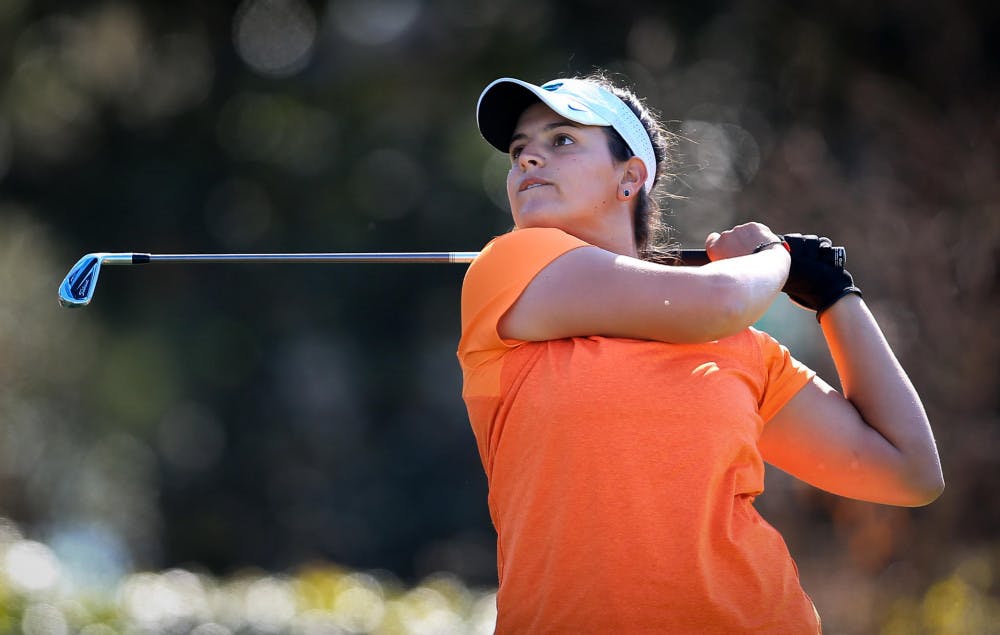 <p>Maria Torres watches her shot during the SunTrust Gator Women's Golf Invitational on Saturday, March 11, 2017 at the Mark Bostick Golf Course in Gainesville. </p>