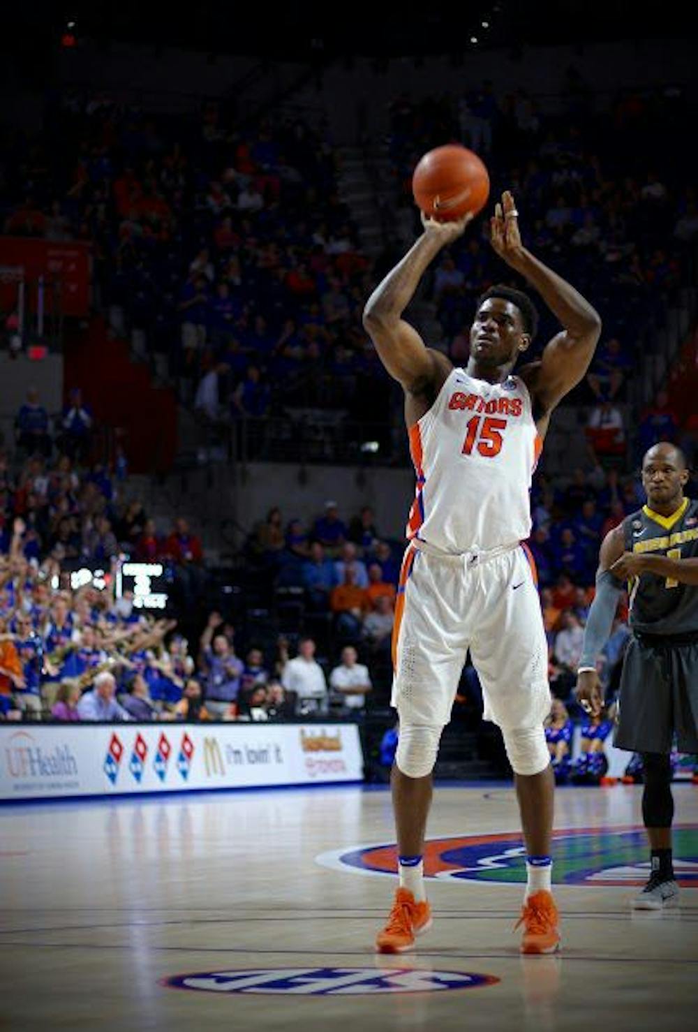 <p>UF center John Egbunu shoots a free throw during Florida's 93-54 win over Missouri on Feb. 2, 2017, in the O'Connell Center.&nbsp;</p>