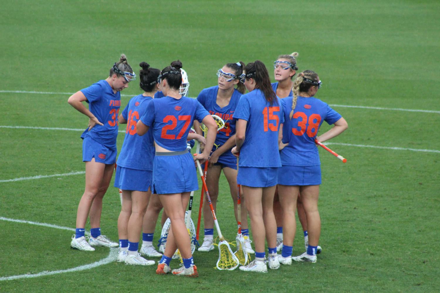 The Florida lacrosse team huddles against Vanderbilt on April 16. The team&#x27;s season last year ended with a loss to Syracuse in the Elite Eight.