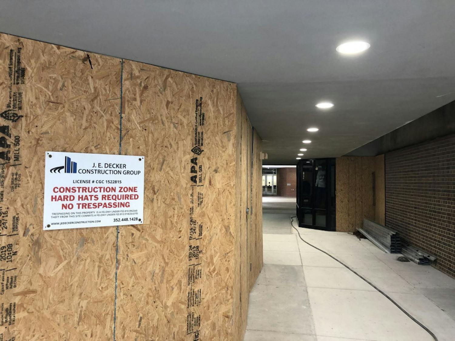The Experiential Learning Hub (pictured here) and other parts of UF’s Levin College of Law have been under renovation since late February. The projects are expected to reopen in early August.