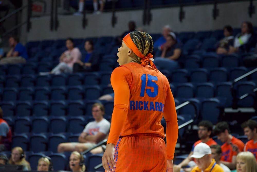 Florida guard Nina Rickards stands on the court during the Gators' 61-54 win over the Texas A&M Aggies Thursday, Feb. 2, 2023.