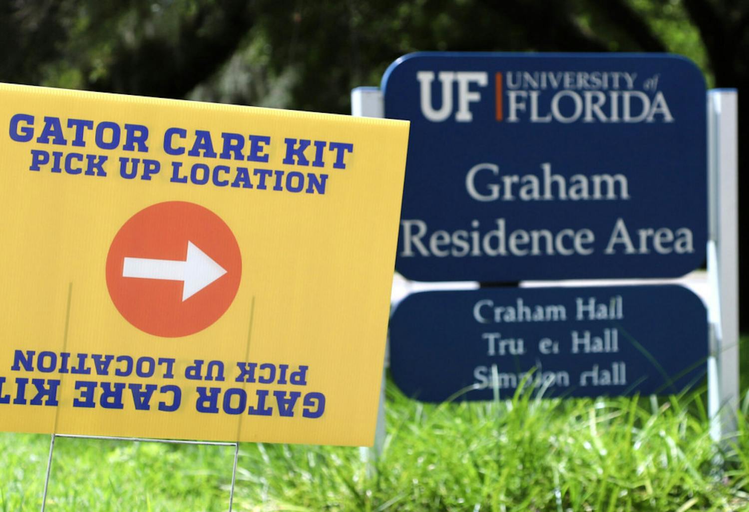 Gator Care Kits and UF 24 t-shirts are seen on August 26, 2020 at various locations to UF students on campus through October 2. Kits include two masks, hand sanitizer, antibacterial wipes, tissues, a stylus pen and a GatorWell first-aid pack with the option of a thermometer or anti-fog spray.