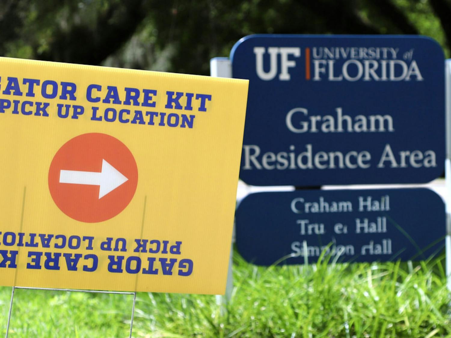 Gator Care Kits and UF 24 t-shirts are seen on August 26, 2020 at various locations to UF students on campus through October 2. Kits include two masks, hand sanitizer, antibacterial wipes, tissues, a stylus pen and a GatorWell first-aid pack with the option of a thermometer or anti-fog spray.
