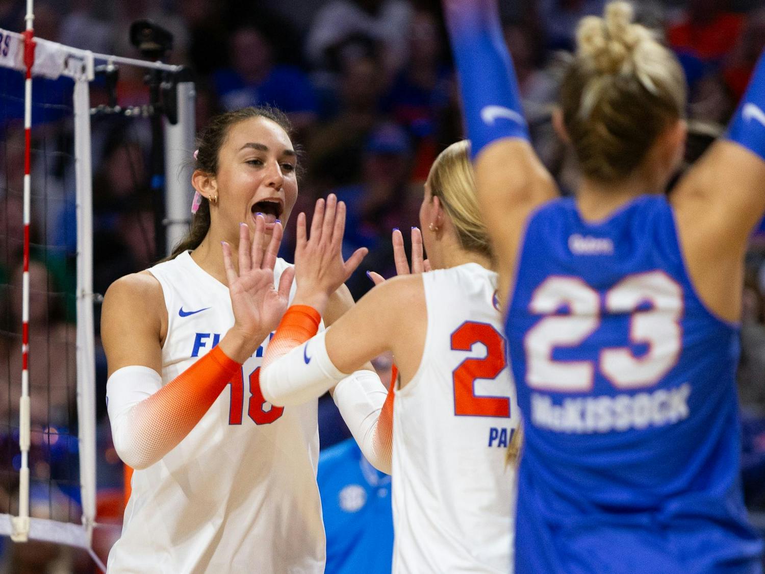 Florida Gators outside hitter/right side hitter Kennedy Martin (18) celebrates a kill during the Gators’ match vs. the UCF Knights at Exactech Arena at the Stephen C. O'Connell Center on Saturday, Nov 23, 2024.