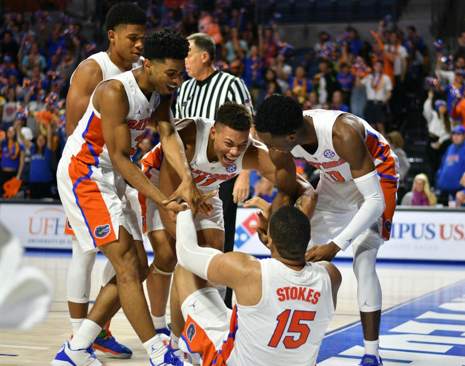 UF guard Jalen Hudson (second from left) averaged 9.3 points per game this season. In the last six games of the year, he averaged 12.5. 