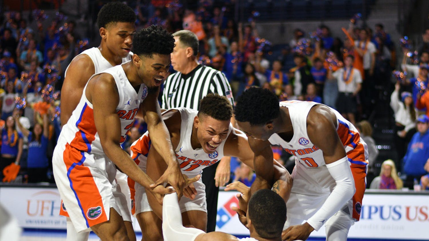 UF guard Jalen Hudson (second from left) averaged 9.3 points per game this season. In the last six games of the year, he averaged 12.5. 