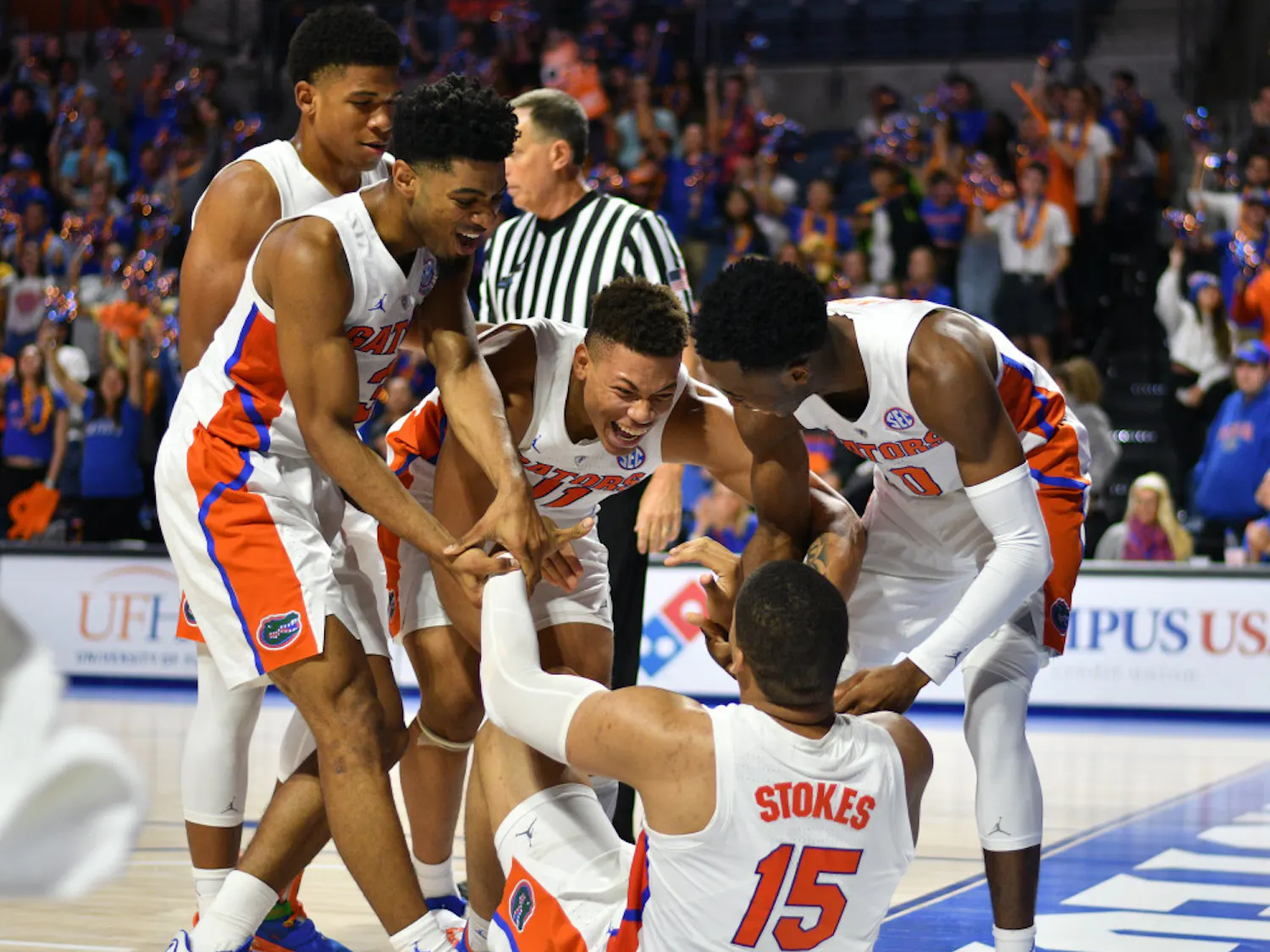 UF guard Jalen Hudson (second from left) averaged 9.3 points per game this season. In the last six games of the year, he averaged 12.5.