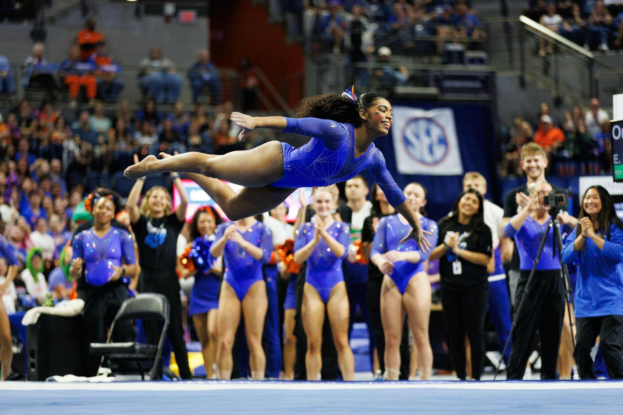 Florida gymnast eMjae Frazier performs on the floor during an NCAA gymnastics meet against Louisiana State University, Sunday, March 8, 2026, in Gainesville, Fla.