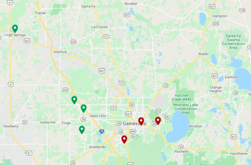 This map shows the Alachua County public elementary schools graded A (green) and D (red) in 2019. Westside schools earn a bonus from the state for earning two consecutive A’s. Eastside schools, which face unique academic challenges that contribute to their low scores, do not.&nbsp;