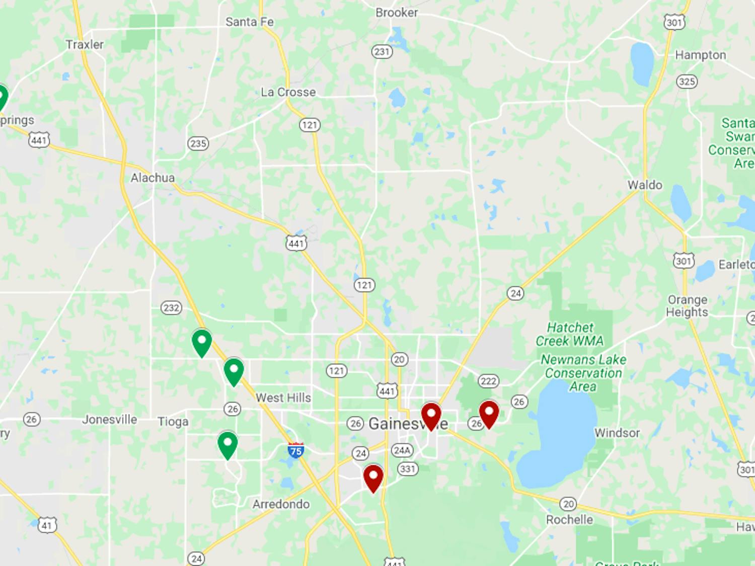 This map shows the Alachua County public elementary schools graded A (green) and D (red) in 2019. Westside schools earn a bonus from the state for earning two consecutive A’s. Eastside schools, which face unique academic challenges that contribute to their low scores, do not. 