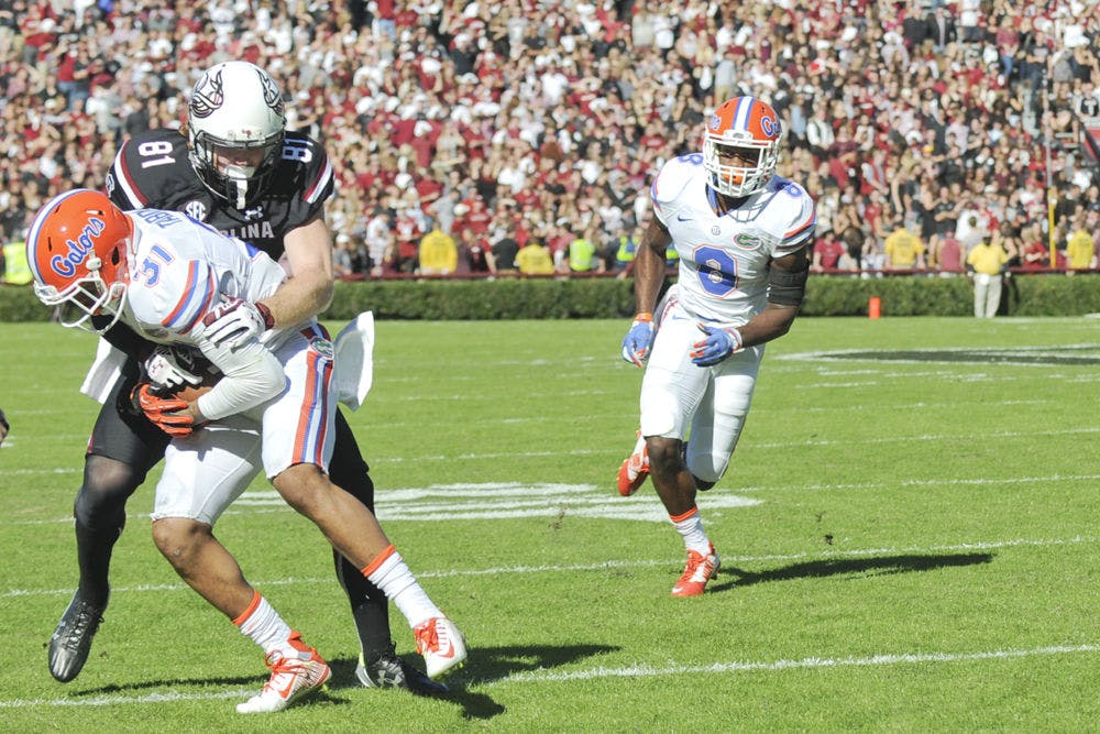 UF defensive end Jalen Tabor intercepts a pass during Florida's 24-14 win against South Carolina on Nov. 14, 2015, in Columbia, South Carolina.
