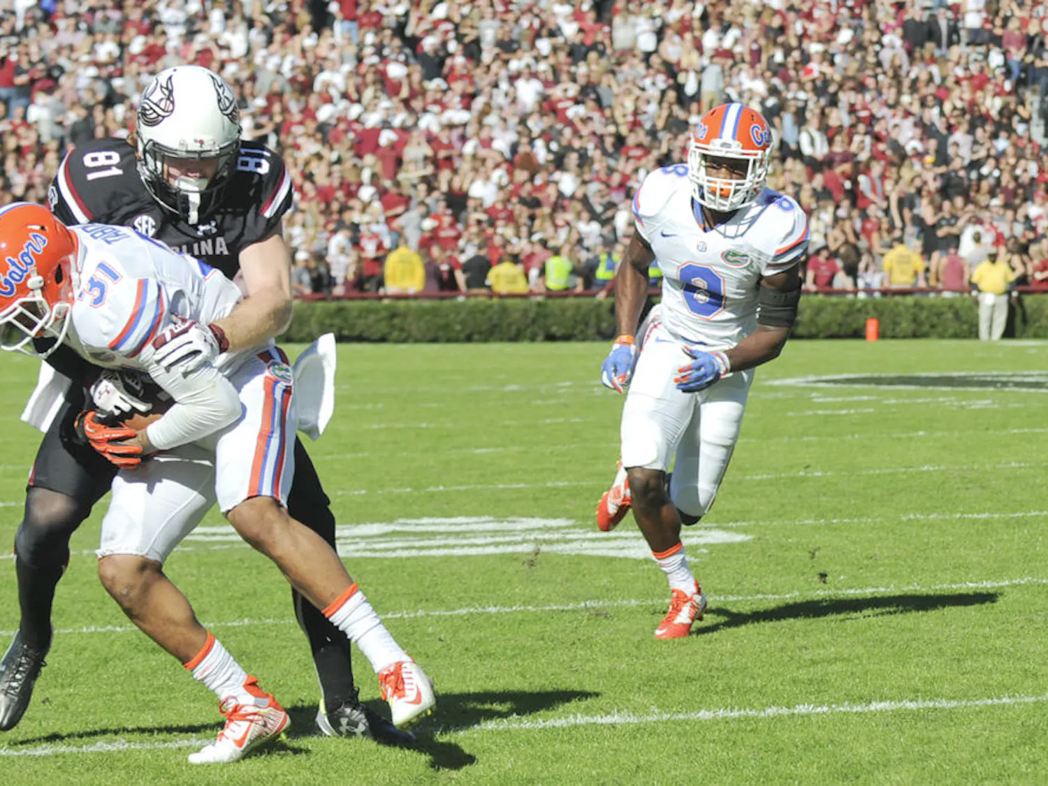 UF defensive end Jalen Tabor intercepts a pass during Florida's 24-14 win against South Carolina on Nov. 14, 2015, in Columbia, South Carolina.