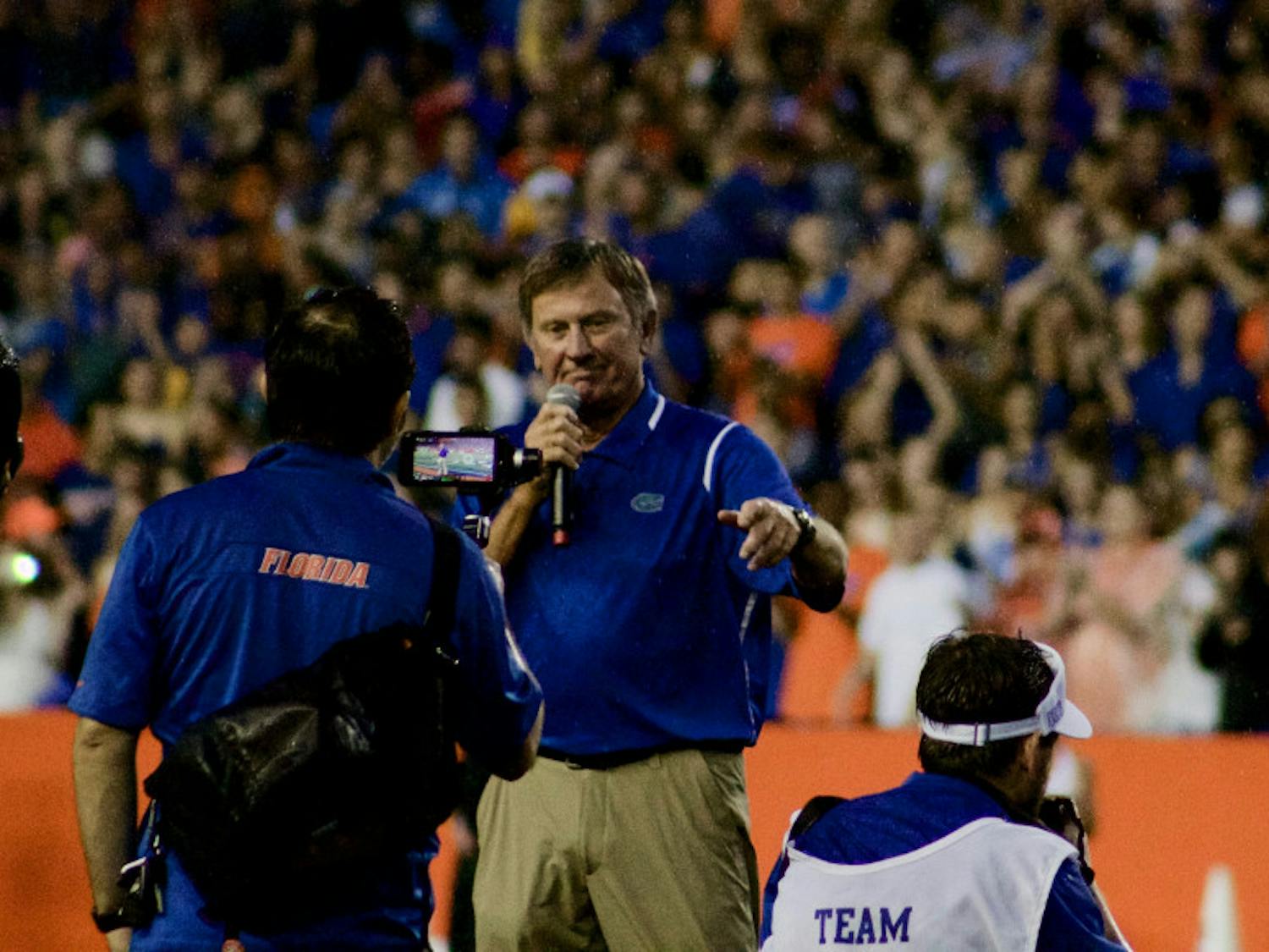 Steve Spurrier talks to the crowd before the start of Florida's 24-7 win over Massachusetts on Sept. 4, 2016, at Ben Hill Griffin Stadium.