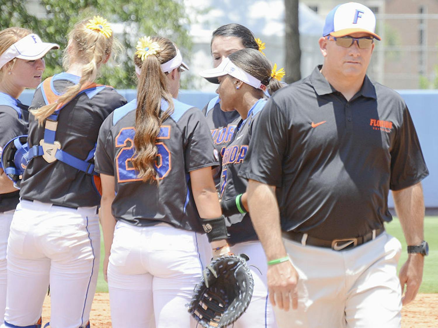 Coach Tim Walton walks back to the dugout during Florida's 1-0 win over Florida Atlantic on May 17, 2015, at Katie Seashole Pressly Stadium.
