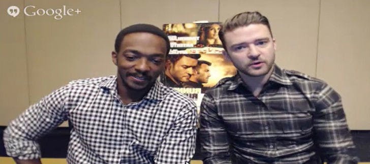 Justin Timberlake, right, and Anthony Mackie, left, speak with college students about the pair’s upcoming film “Runner, Runner” on Sept. 18 in a Google Hangout.