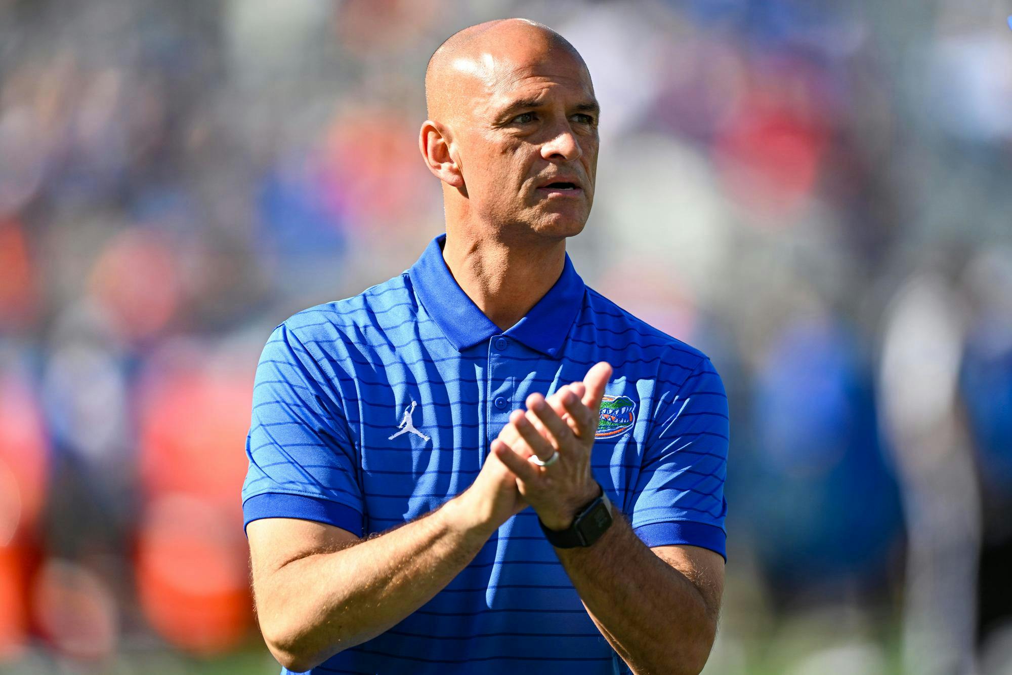 Florida head coach Billy Gonzales during warmups before a NCAA college football game, Saturday, Nov. 1, 2025, in Jacksonville, Fla.