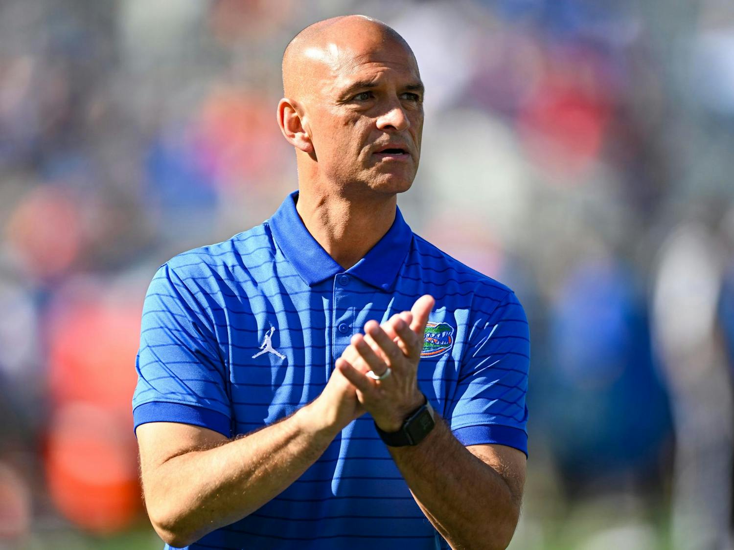 Florida head coach Billy Gonzales during warmups before a NCAA college football game, Saturday, Nov. 1, 2025, in Jacksonville, Fla.