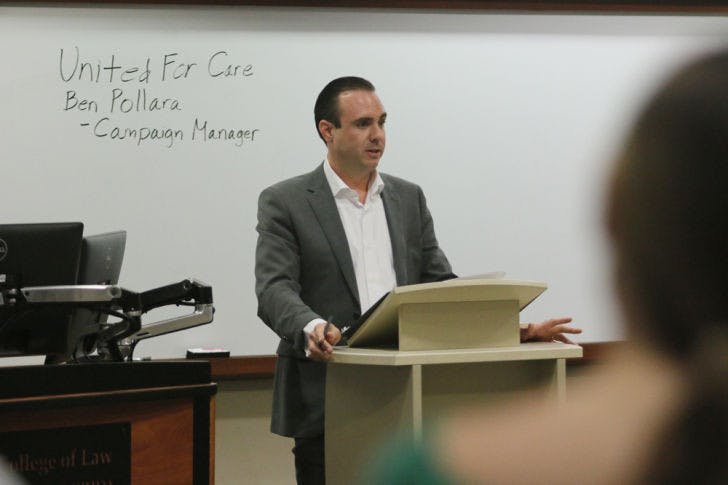 United for Care Director Ben Pollara discussed his involvement with the campaign for medical marijuana legalization in Florida. Pollara was hosted by UF’s Levin College of Law chapter of American Constitution Society for Law and Policy on Wednesday afternoon.