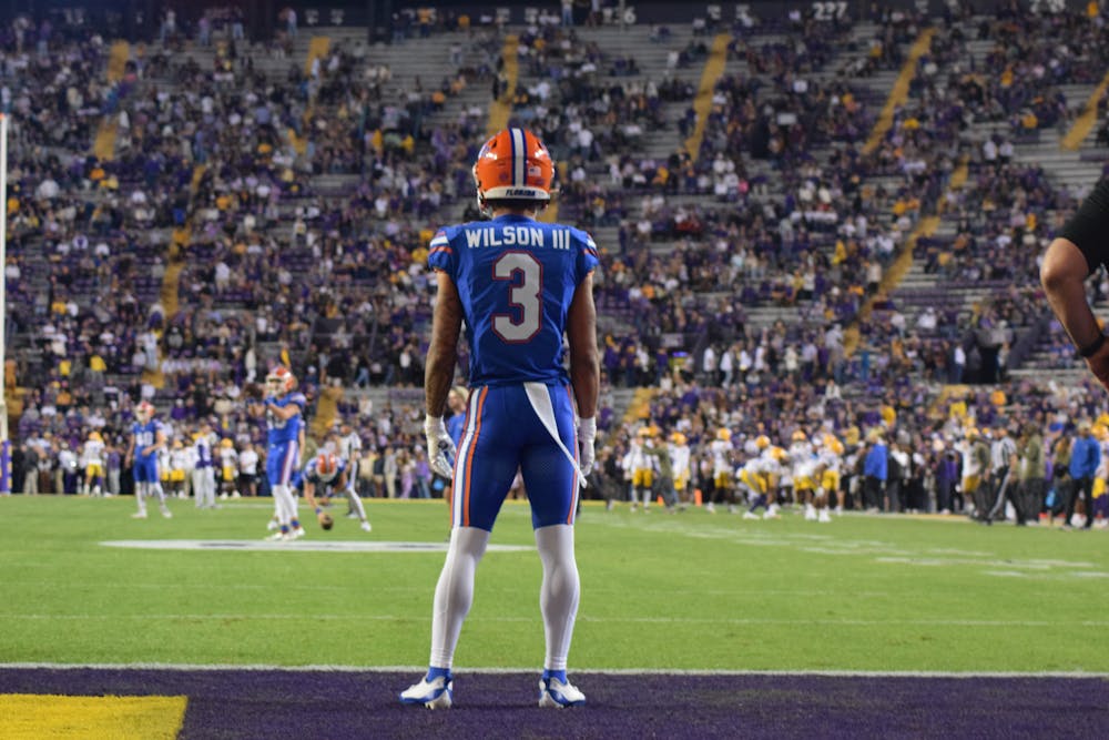 Freshman wide receiver Eugene Wilson warms up before the Gators' 52-35 loss to the Louisiana State Tigers on Saturday, Nov. 11, 2023, in Baton Rouge, Louisana. 