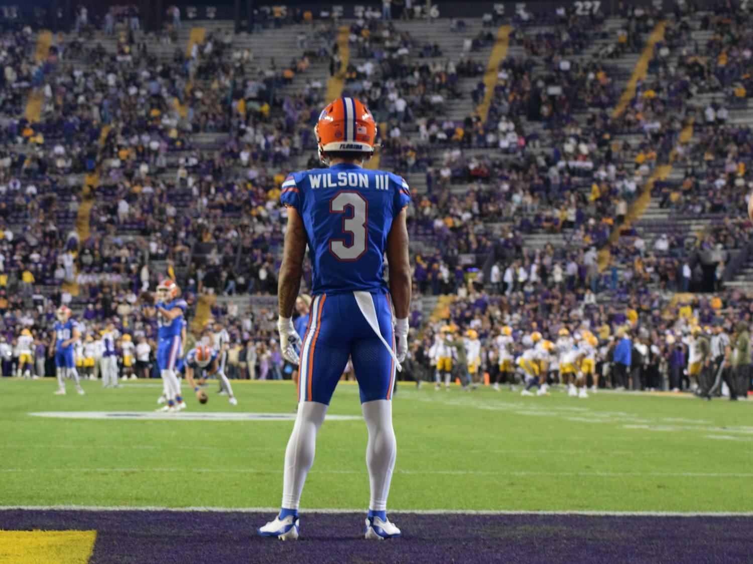 Freshman wide receiver Eugene Wilson warms up before the Gators' 52-35 loss to the Louisiana State Tigers on Saturday, Nov. 11, 2023, in Baton Rouge, Louisana.