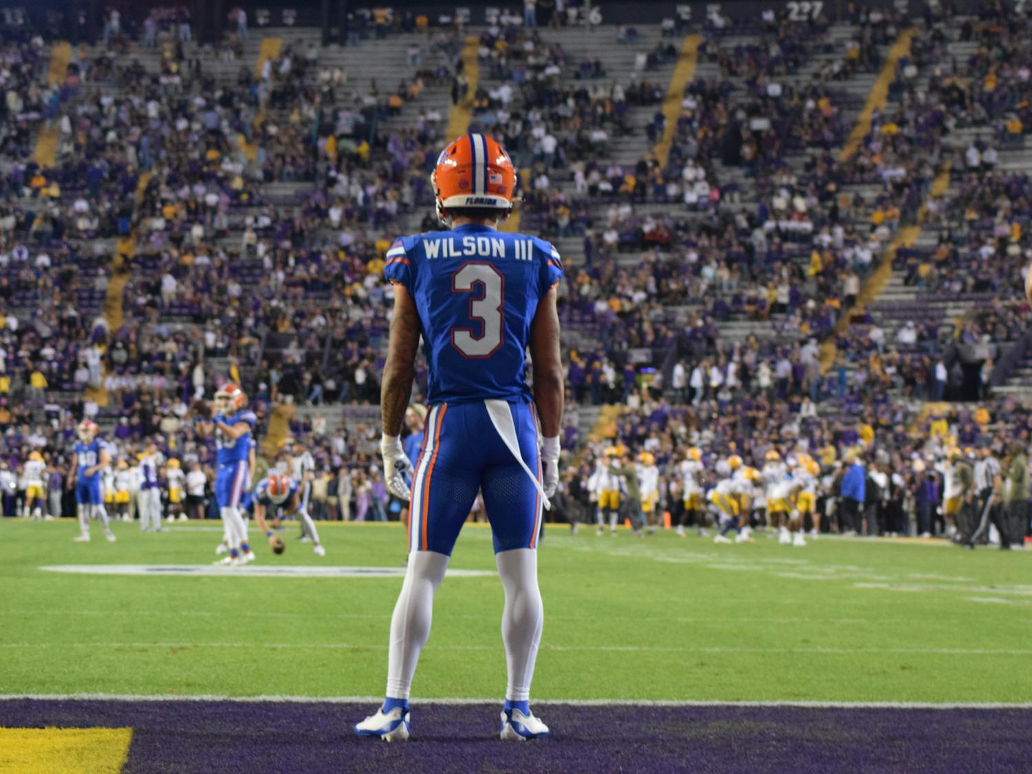 Freshman wide receiver Eugene Wilson warms up before the Gators' 52-35 loss to the Louisiana State Tigers on Saturday, Nov. 11, 2023, in Baton Rouge, Louisana. 