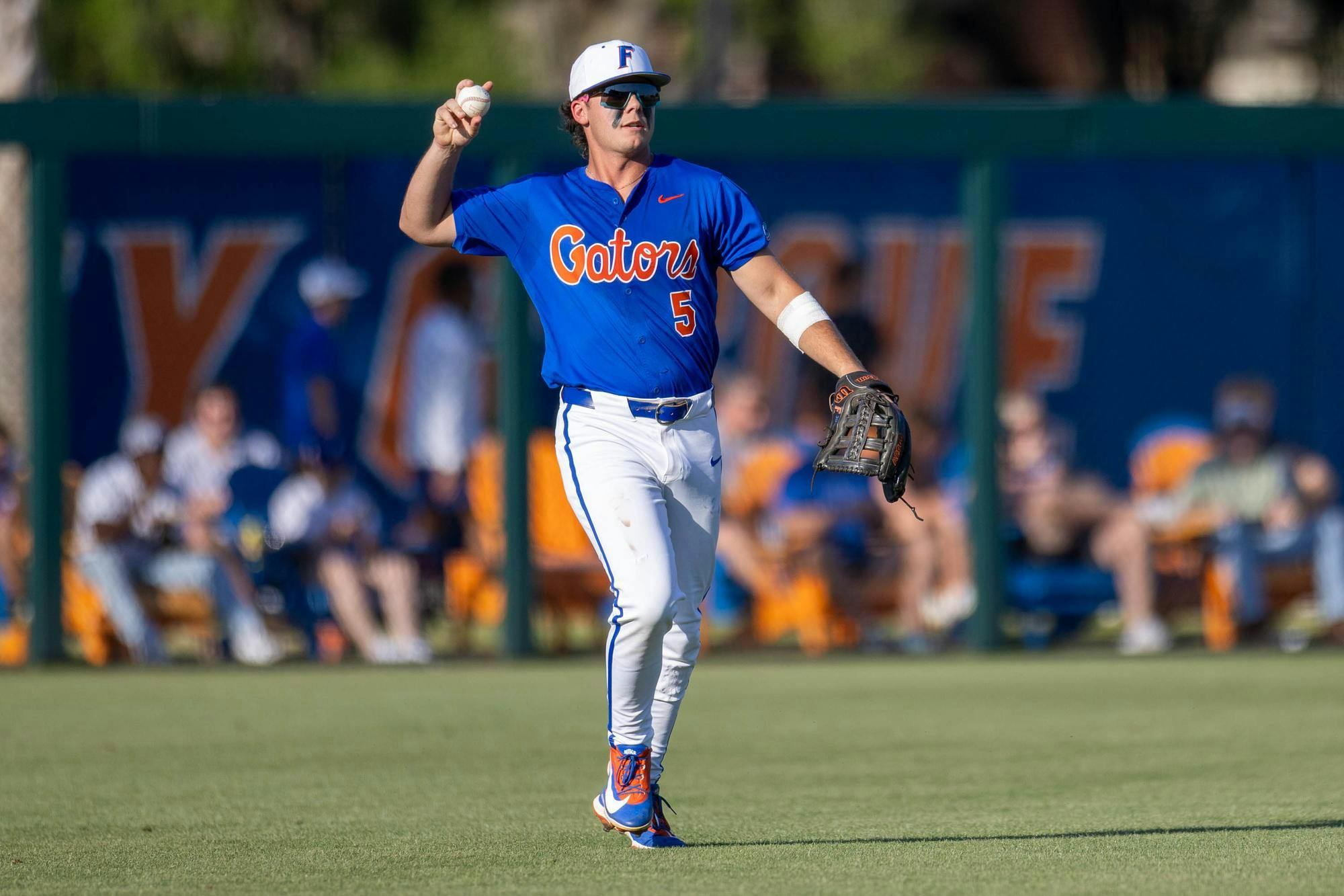 Florida outfielder Blake Cyr (5) throws the ball during an NCAA college baseball game against Auburn at Condron Family Ballpark in Gainesville, Fla., Friday, April 17, 2026.