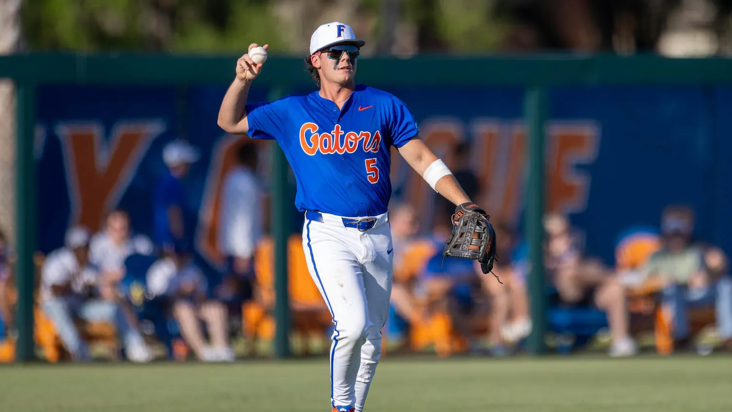 Florida outfielder Blake Cyr (5) throws the ball during an NCAA college baseball game against Auburn at Condron Family Ballpark in Gainesville, Fla., Friday, April 17, 2026.