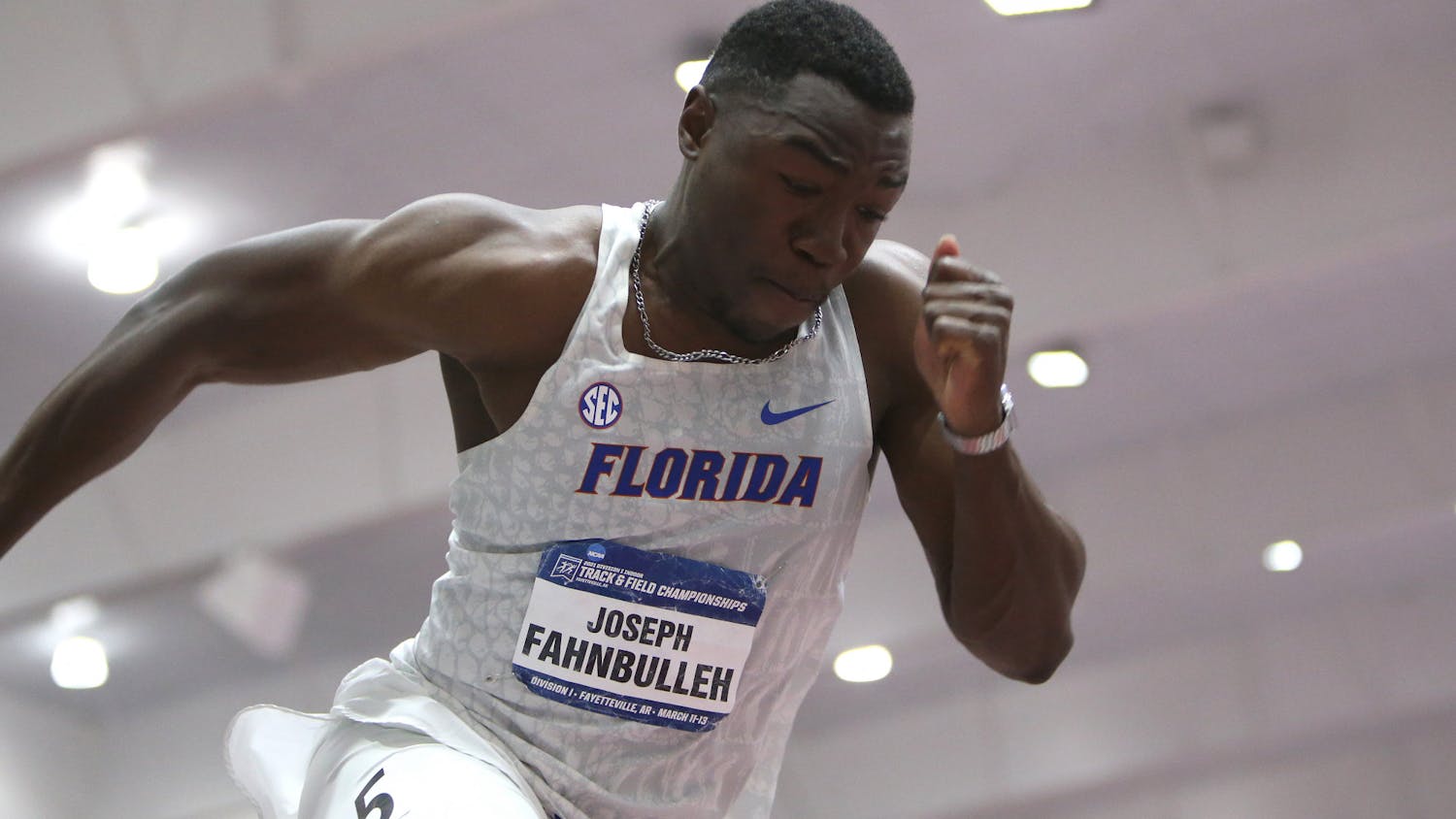 Florida&#x27;s Joseph Fahnbulleh competes during the third day at the NCAA Indoor Championships on Saturday, March 13, 2021 at Randal Tyson Track Center in Fayetteville, Ark. / UAA Communications photo by Rick Hurtado