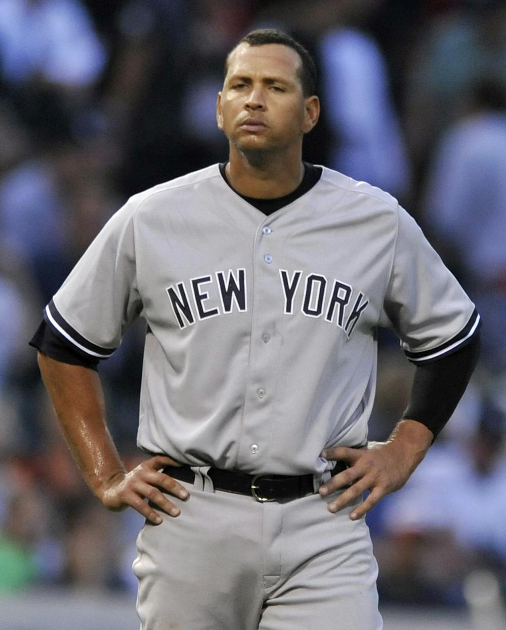 <p>New York Yankees' Alex Rodriguez looks on during the third inning of a baseball game against the Chicago White Sox in Chicago on Monday.</p>