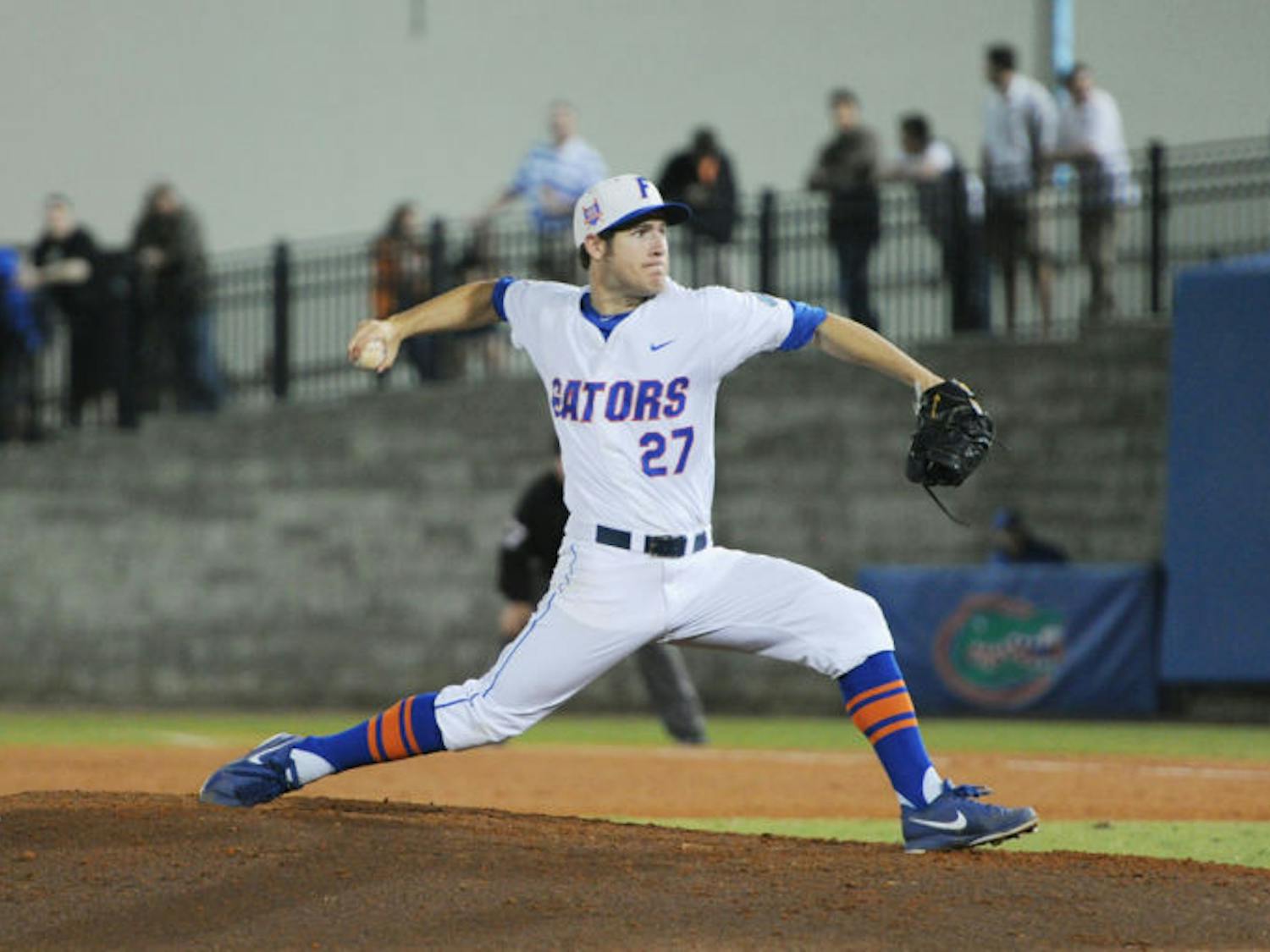 Aaron Rhodes pitches during Florida’s 3-1 win against Florida State on March 18 at McKethan Stadium.&nbsp;