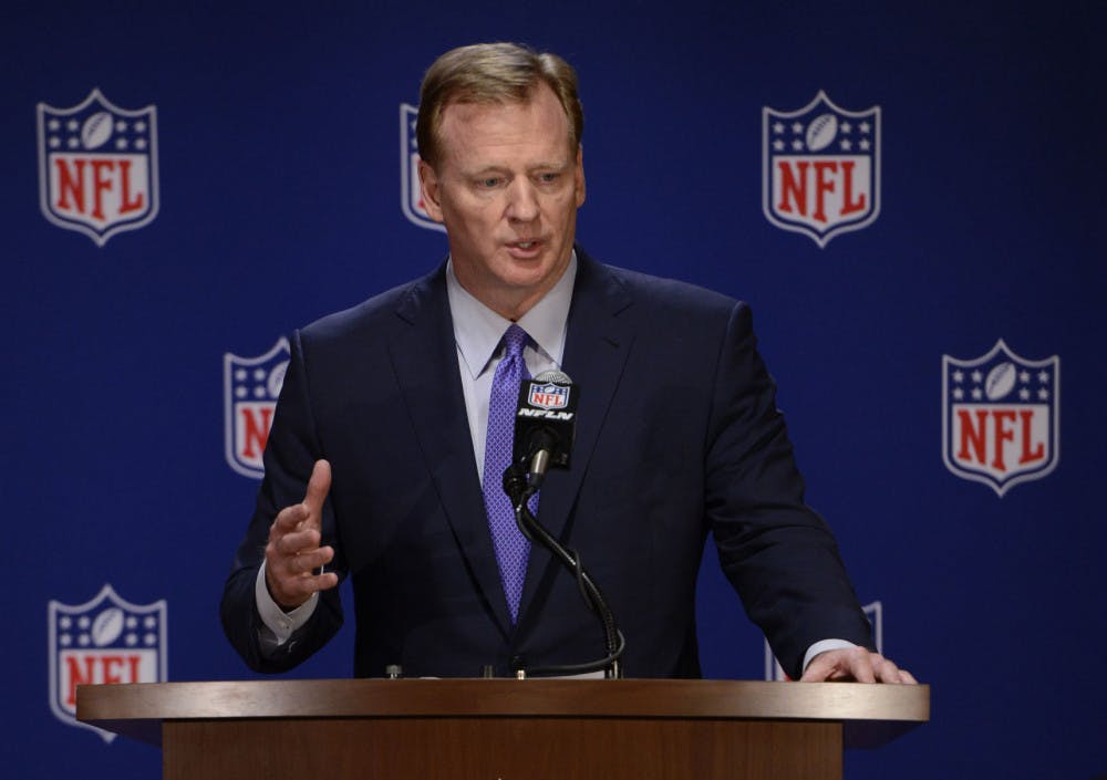 <p>NFL commissioner Roger Goodell speaks to the media after an NFL owners meeting, Tuesday, May 23, 2017, in Chicago.</p>