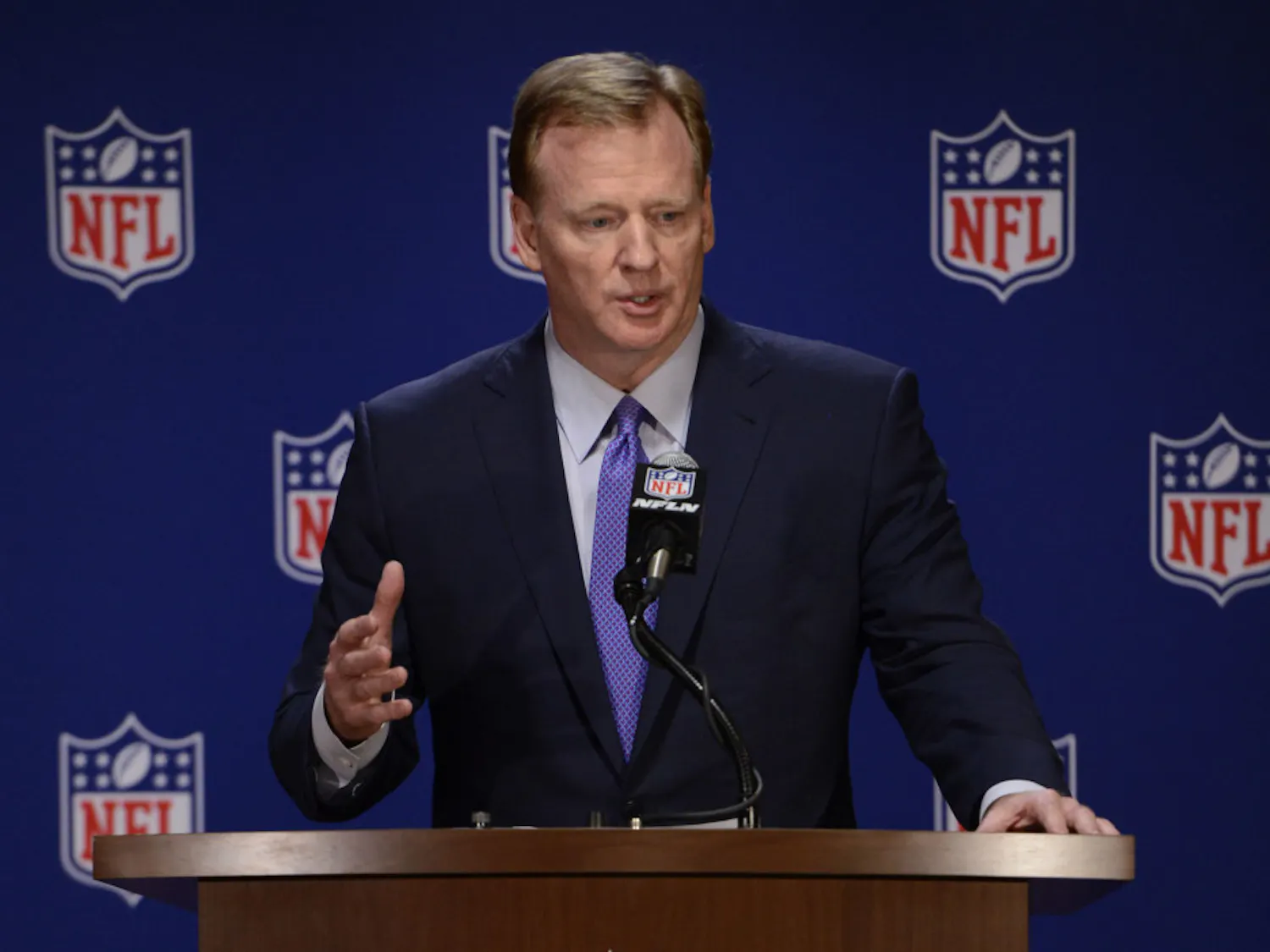 NFL commissioner Roger Goodell speaks to the media after an NFL owners meeting, Tuesday, May 23, 2017, in Chicago.