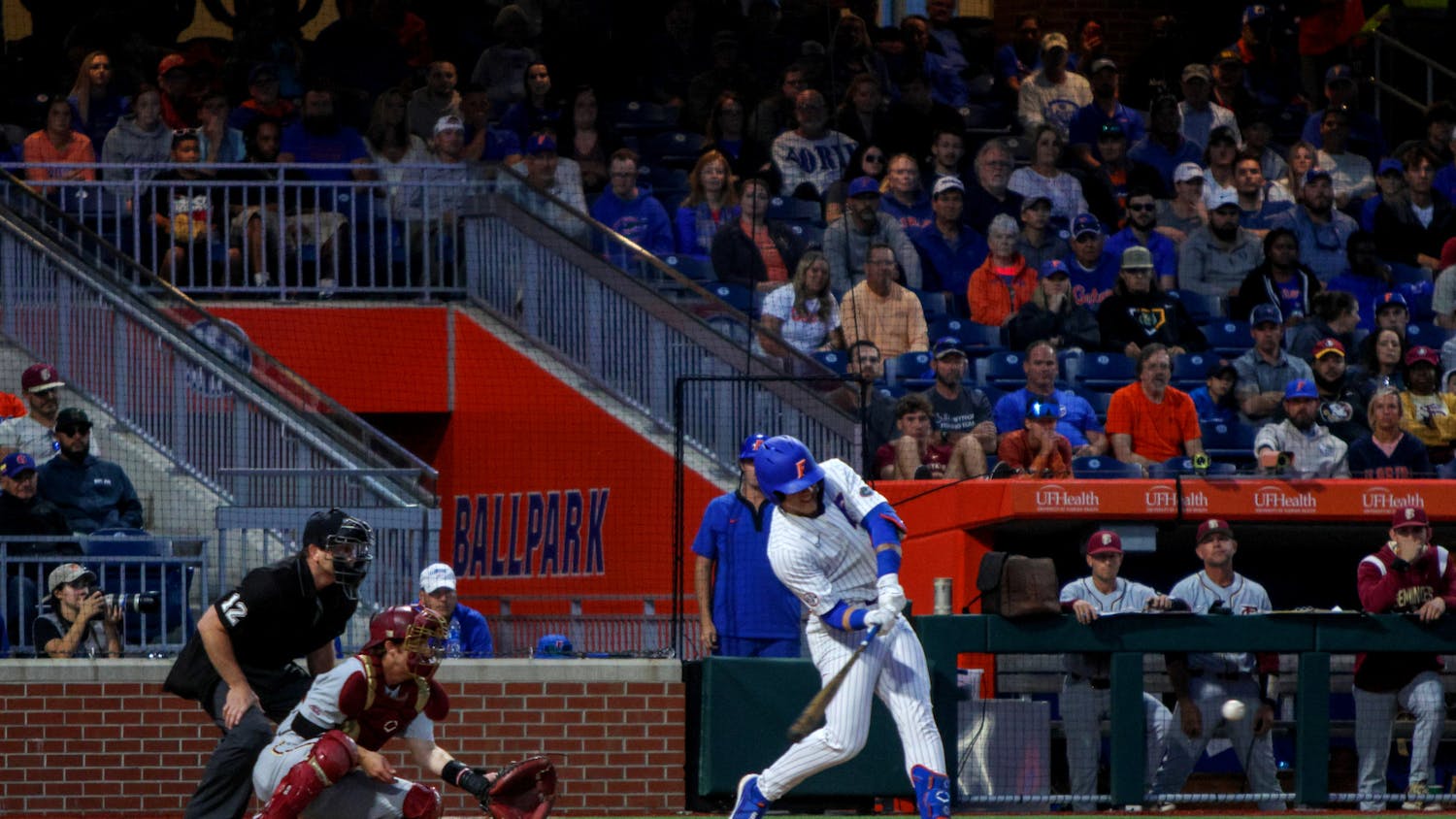 Florida outfielder Ty Evans hits a three-run home run in the Gators' 5-3 win against the Florida State Seminoles Tuesday, April 11, 2023.