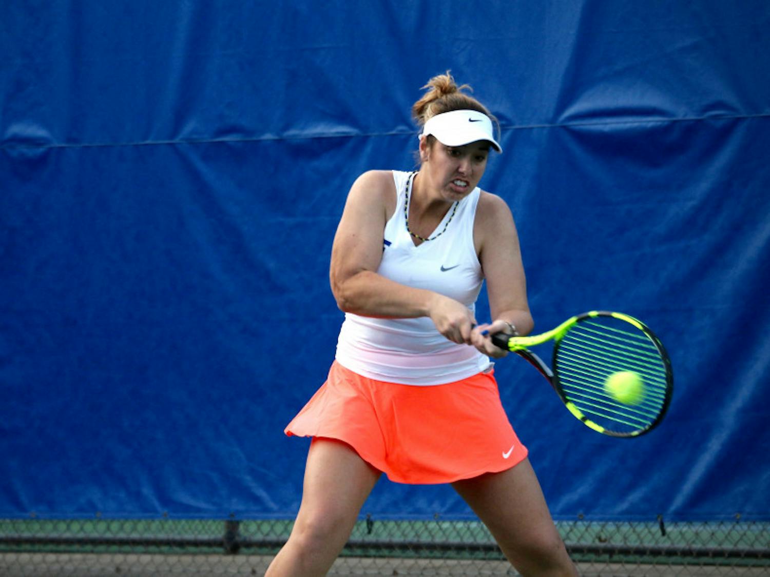 Brooke Austin hits a backhand during Florida's 4-2 win against Oklahoma State on Feb. 18, 2017, at the Ring Tennis Complex.