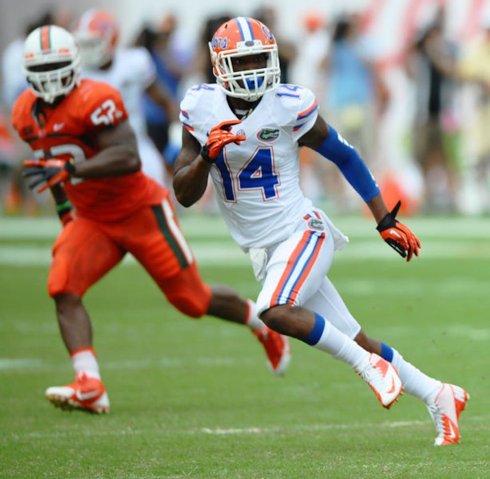 <p>Jaylen Watkins runs down the field during Florida’s 21-16 loss against Miami on Sept. 7 in Sun Life Stadium. Watkins is now starting at safety for the Gators.</p>