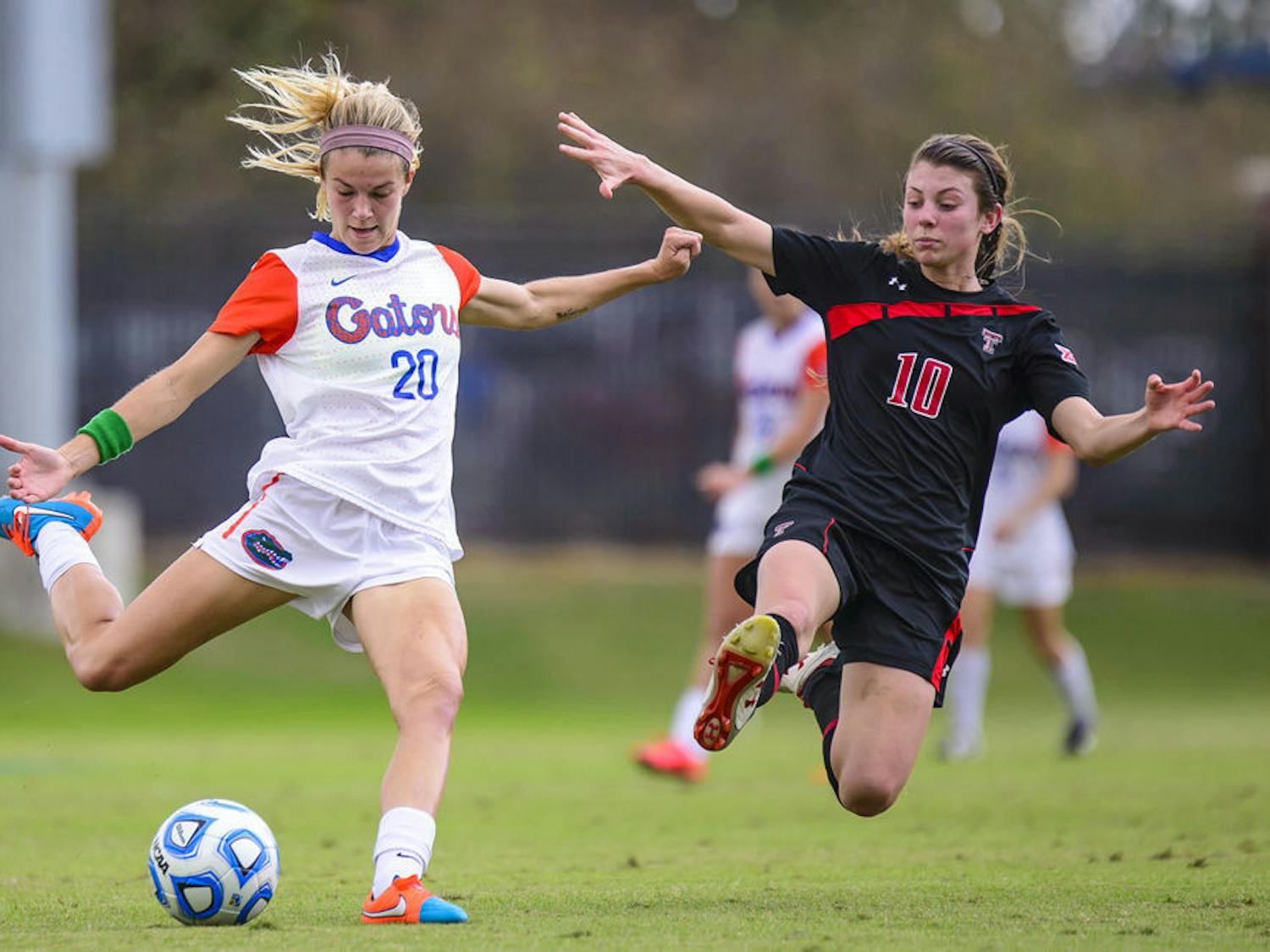 Christen Westphal kicks the ball during Florida's 3-2 win against Texas Tech during the third round of the NCAA Tournament on Sunday at Donald R. Dizney Stadium.