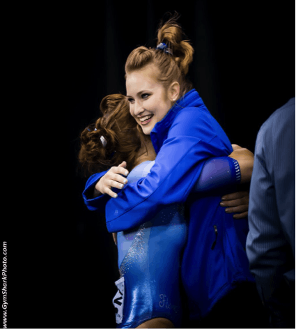 UF gymnast Claire Boyce hugs former teammate Bridget Sloan during the 2016 NCAA Super Six on April 16, 2016, in Fort Worth, Texas.