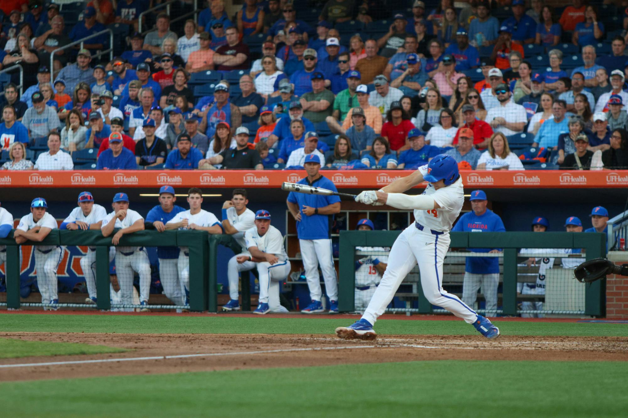 Florida two-way player Jac Caglianone hits the ball in the Gators' 13-11 loss to the Georgia Bulldogs Friday, April 14, 2023.