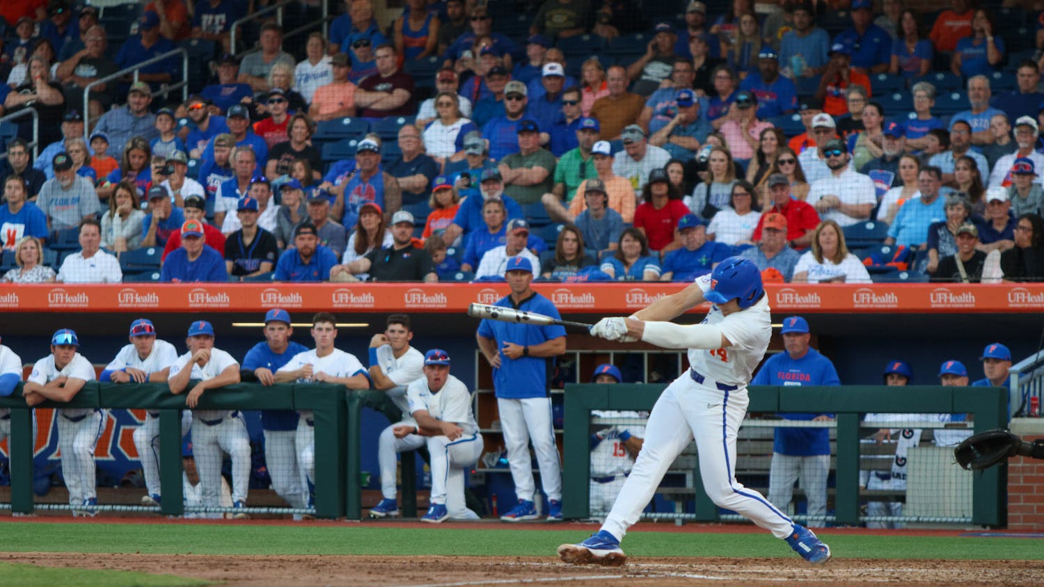 Florida two-way player Jac Caglianone hits the ball in the Gators' 13-11 loss to the Georgia Bulldogs Friday, April 14, 2023.